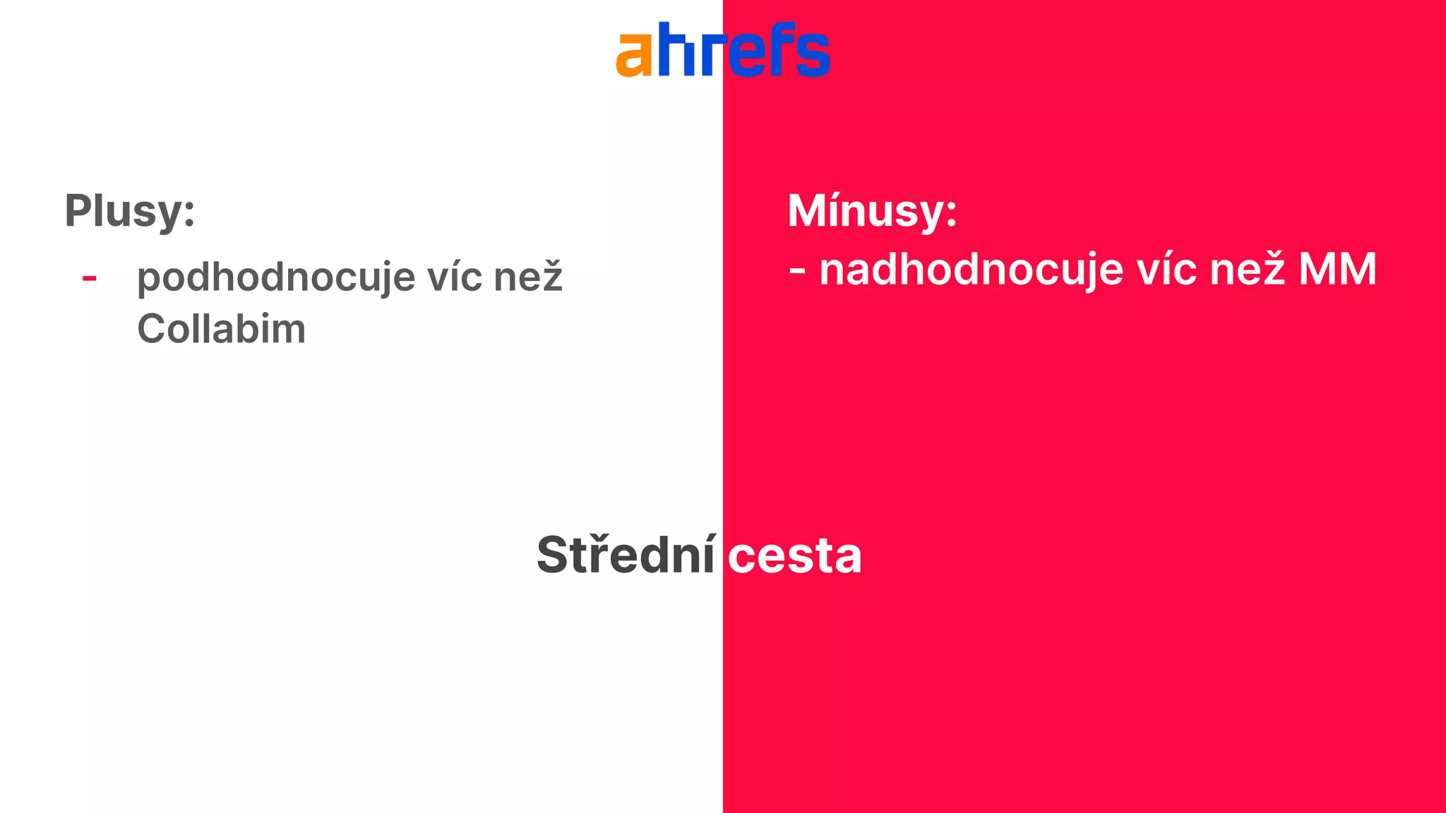 Plusy:
- podhodnocuje víc než
Collabim
Mínusy:
- nadhodnocuje víc než MM
Střední cesta
 