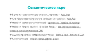 Варианты названий товара, синонимы, переводы – Audi, Ауди
Сленговые, профессиональные, сокращенные названия – Audy,Aydi
Названия составных частей товара – оргтехника - ксерокс, компьютер
Названия потреб. решений на основе товара – веб-программирование -
создание интернет-магазина, CMS
Задачи и проблемы, которые решает товар – Work & Travel - Работа в США
Качества товара – модная одежда, дорогой дизайн
Семантическое ядро
13
 
