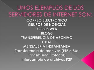 UNOS EJEMPLOS DE LOS SERVIDORES DE INTERNET SON:CORREO ELECTRONICOGRUPOS DE NOTICIASFOROS WEBBLOGSTRANSFERENCIA DE ARCHIVOCHATMENSAJERIA INSTANTANEATransferencia de archivos (FTP o FileTransmisionProtocol)Intercambio de archivos P2P