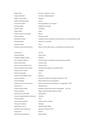 Eugenia Brito                            Escritora. Académica U. Chile.

Eugenia Prado Bassi                      Escritora y diseñadora gráfica
Eugenio Cornejo Gatica                   Arquitecto

Eugenio Norambuena Pinto                 Escritor

Evelyn Hevia Jordán                      Psicóloga, Magíster (c) en Historia

Ewa Sapiezynska                          Estudiante de doctorado
Fabrizio Copano                          Comediante

Federica Matta                           Artista

Federico Ernesto Eisner Sagüés           Músico

Federico Galende                         Ensayista, escritor

Felip Gascón i Martín                    Académico, Decano Facultad de Ciencias Sociales, Universidad de Playa Ancha.
Fernanda Moraga                          Doctora (c) en Literatura.

Fernanda Urrejola                        Actriz

Fernando Alfonso Gutierrez Rivera        Profesor Titular, Dpto de Física Universidad de Concepción (UdeC)



Fernando Jerez                           Escritor

Fernando Mendoza                         Artista Visual
Fernando Villagrán Carmona               Periodista
Flavio Gutiérrez Albornoz                Profesor Titular Universidad de Chile (actualmente jubilado)

Francis Jaime Román                      Asistente social
Francisca Andrea Garrido Torres          Asistente Social

Francisca Estefanía Jofré González       Estudiante de Sociología, Universidad de Chile
Francisca Flores Calvillo                Fotógrafa

Francisca Hormazabal                     Actriz

Francisca Javiera Medina Cuadra          Psicóloga
Francisco Alambert                       Professor de História Universidade de São Paulo - USP

Francisco Brugnoli                       Director Museo de arte Contemporáneo
Francisco Carlos Teixeira Da Silva       Professor Titular de História Moderna e Contemporânea / UFRJ

Francisco Cruz                           Filosofo del Arte

Francisco Herrera Jeldres                Académico Facultad de Filosofía y Humanidades     U de Chile

Francisco Huneeus                        Medico, editor, Presidente Editores de Chile

Francisco Javier Jeffs Labbé             Administrativo
Francisco Leandro Sepúlveda Valenzuela   Científico

Francisco Morales                        Actor

Francisco Ramos Garrido                  Profesor de Arte, ilustrador
Francisco Vera Muñoz                     Diseñador

FRANCISCO VILLA                          MÚSICO-TROVADOR

Franzisko Xavier Unzaga Serei            Ingeniero Constructor PUCV

Fuentes Juica                            Profesor

Gabriel Claramunt Quiñones               Biólogo Marino
 