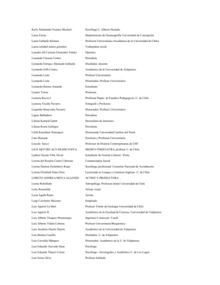 Kerly Schelander Fuentes Mucherl      Socióloga U. Alberto Hurtado

Laura Farias                          Departamento de Oceanografía Universidad de Concepción
Laura Gallardo Klenner                Profesora Universitaria (Académica de la Universidad de Chile)

Laura soledad suárez gonzález         Trabajadora social

Leandro del Carmen Fernandez Valdez   Operario

Leonardo Cáceres Castro               Periodista
Leonardo Enrique Ahumada Gallardo     Diseñador, docente

Leonardo Jeffs Castro,                Académico de la Universidad de Valparaíso

Leonardo León                         Profesor Universitario

Leonardo León                         Historiador, Profesor Universitario

Leonardo Ramos Araneda                Estudiante
Leonor Torres                         Profesora

Leonora Reyes J.                      Profesora Depto. de Estudios Pedagógicos, U. de Chile

Leonora Vicuña Navarro                Fotógrafa y Profesora

Leopoldo Benavides Navarro            Historiador, Profesor Universitario
Ligeia Balladares                     Periodista

Liliana Kameid Galeb                  Decoradora de interiores
Liliana Romo Gallegos                 Periodista

Lilith Kraushaar Henriquez            Doctoranda Universidad Católica del Norte

Lina Meruane                          Escritora y Profesora Universitaria
Lincoln Secco                         Professor de Historia Contemporanea da USP

LIUS ARTURO ALVARADO PAIVA            MEDICO PSIQUIATRA, profesor U. de Chile
Ljubica Nicole Villa Alvial           Estudiante de Gestión Cultural / Poeta
Lorena del Rosario Castro Liberona    Comunicadora Social

Lorena Denisse Etcheberry Rojas       Socióloga, profesional. Comisión Nacional de Acreditación

Lorena Elízabeth Salas Ortíz          Licenciada en Lengua y Literatura Inglesas U. de Chile
LORETO ANDREA MOYA ALLENDE            ACTRIZ Y PRODUCTORA
Loreto Rebolledo                      Antropóloga, Profesora titular Universidad de Chile

Lotty Rosenfeld                       Artista visual

Lucía Egaña Rojas                     Artista

Luigi Cecchetto Mazzaro               Empleado
Luis Aguirre Le-Bert                  Profesor Titular de Geología Universidad de Chile

Luis Aguirre R.                       Académico de la Facultad de Ciencias, Universidad de Valparaíso

Luis Alberto Vásquez Montenegro       Ingeniero Comercial- Coach

Luis Alberto Videla Cabrera           Profesor Universitario/Bioquímico

Luis Anselmo Duarte Duarte            Académico de la Universidad de Valparaíso

Luis Bastías Castillo                 Diseñador, U. de Valparaíso

Luis Corvalán Márquez                 Historiador, Académico de la U. de Valparaíso

Luis Eduardo Acevedo Daza             Psicólogo

Luis Eduardo Thayer Correa            Sociólogo - Investigador y Académico U. de Los Lagos

Luis Farias Silva                     Profesor Jubilado
 
