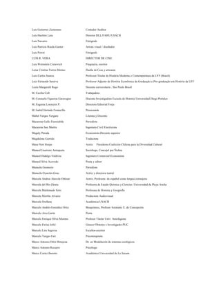 Luis Gutierrez Zamorano          Contador Auditor

Luis Hachim Lara                 Director DLL/FAHU/USACH
Luis Navarro                     Fotógrafo

Luis Patricio Rueda Ganter       Artista visual / diseñador

Luis Poirot                      Fotógrafo

LUIS R. VERA                     DIRECTOR DE CINE

Luis Weinstein Crenovich         Psiquiatra, escritor

Luisa Cristina Torres Mesías     Dueña de Casa y artesana

Luiz Carlos Soares.              Professor Titular de História Moderna e Contemporânea da UFF (Brasil)

Luiz Fernando Saraiva            Professor Adjunto de História Econômica da Graduação e Pós-graduação em História da UFF
Luzia Margareth Rago             Docente universitaria , São Paulo Brasil

M. Cecilia Coll                  Trabajadora
M. Consuelo Figueroa Garavagno   Docente Investigadora Escuela de Historia Universidad Diego Portales

M. Eugenia Lorenzini P.          Directora Editorial Forja

M. Isabel Hurtado Fontecilla     Pensionada
Mabel Vargas Vergara             Literata y Docente

Macarena Gallo Fuenzalida        Periodista
Macarena San Martín              Ingeniera Civil Electricista
Magaly Parada                    Economista-Docente superior

Magdalena Garrido                Traductora

Mane Nett Sierpe                 Actriz   Presidenta Coalición Chilena para la Diversidad Cultural
Manuel Guerrero Antequera        Sociólogo, Concejal por Ñuñoa

Manuel Hidalgo Valdivia          Ingeniero Comercial-Economista
Manuel Silva Acevedo             Poeta y editor

Manuela Gumucio                  Periodista
Manuela Oyarzún Grau             Actriz y directora teatral
Marcela Andrea Alarcón Ortúzar   Actriz, Profesora de español como lengua extranjera.

Marcela del Río Zárate           Profesora de Estado Química y Ciencias Universidad de Playa Ancha
Marcela Maldonado Soto           Profesora de Historia y Geografía

Marcela Morilla Alvarez          Productora Audiovisual
Marcela Orellana                 Académica USACH

Marcelo Andrés González Ortiz    Bioquímico, Profesor Asistente U. de Concepción

Marcelo Arce Garín               Poeta
Marcelo Enrique Oliva Moreno     Profesor Titular Univ. Antofagasta

Marcelo Farías Jofré             Gineco-Obstetra e Investigador PUC

Marcelo Lira Segovia             Escultor-escritor

Marcelo Vargas Farr              Psicoterapeuta

Marco Antonio Ortiz Hinojosa     Dr. en Modelación de sistemas ecológicos
Marco Antonio Recuero            Psicólogo

Marco Cortez Burotto             Académico Universidad de La Serena
 
