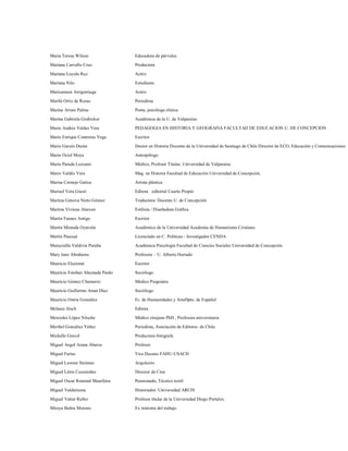 Maria Teresa Wilson              Educadora de párvulos
Mariana Carvallo Cruz            Productora

Mariana Loyola Ruz               Actriz

Mariana Nilo                     Estudiante

Maricarmen Arrigorriaga          Actriz
Marilú Ortiz de Rozas            Periodista

Marina Arrate Palma              Poeta, psicóloga clínica

Marina Gabriela Grabivker        Académica de la U. de Valparaíso

Mario Andres Valdes Vera         PEDAGOGIA EN HISTORIA Y GEOGRAFIA FACULTAD DE EDUCACION U. DE CONCEPCION

Mario Enrique Contreras Vega     Escritor
Mario Garcés Durán               Doctor en Historia Docente de la Universidad de Santiago de Chile Director de ECO, Educación y Comunicaciones

Mario Ociel Moya                 Antropólogo

Mario Parada Lezcano             Médico, Profesor Titular, Universidad de Valparaíso

Mario Valdés Vera                Mag. en Historia Facultad de Educación Universidad de Concepción.
Marisa Cornejo Gatica            Artista plástica

Marisol Vera Giusti              Editora editorial Cuarto Propio
Maritza Génova Nieto Gómez       Traductora/ Docente U. de Concepción

Maritza Viviana Alarcon          Estilista / Diseñadora Gráfica

Martín Faunes Amigo              Escritor
Martín Miranda Oyarzún           Académico de la Universidad Academia de Humanismo Cristiano

Martín Pascual                   Licenciado en C. Políticas - Investigador CENDA
Maruzzella Valdivia Peralta      Académica Psicología Facultad de Ciencias Sociales Universidad de Concepción
Mary Jane Abrahams               Profesora – U. Alberto Hurtado

Mauricio Electorat               Escritor

Mauricio Esteban Ahumada Pardo   Sociólogo
Mauricio Gómez Chamorro          Médico Psiquiatra
Mauricio Guillermo Amar Díaz     Sociólogo

Mauricio Ostria González         Fc. de Humanidades y ArteDpto. de Español

Melanie Jösch                    Editora

Mercedes López Nitsche           Médico cirujano PhD , Profesora universitaria
Meribel González Yáñez           Periodista, Asociación de Editores de Chile

Michelle Gravel                  Productora-fotógrafa

Miguel Angel Arana Abarca        Profesor

Miguel Farías                    Vice Decano FAHU-USACH

Miguel Lawner Steiman            Arquitecto

Miguel Littin Cucumides          Director de Cine

Miguel Oscar Retamal Maurfeira   Pensionado, Técnico textil

Miguel Valderrama                Historiador. Universidad ARCIS

Miguel Vatter Rubio              Profesor titular de la Universidad Diego Portales.

Mireya Baltra Moreno             Ex ministra del trabajo
 