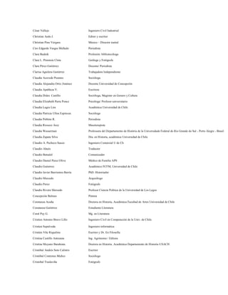 César Vallejo                      Ingeniero Civil Industrial

Christian Aedo J.                  Editor y escritor
Christian Pino Vergara             Músico – Director teatral

Ciro Edgardo Vargas Mellado        Periodista

Clara Budnik                       Profesión: bibliotecóloga

Clara L. Pimstein Clota            Geóloga y Fotógrafa
Clara Pérez Gutiérrez              Docente/ Periodista

Clarisa Aguilera Gutiérrez         Trabajadora Independiente

Claudia Acevedo Puentes            Socióloga

Claudia Alejandra Ortiz Jiménez    Docente Universidad de Concepción

Claudia Apablaza V.                Escritora
Claudia Dides Castillo             Socióloga, Magister en Genero y Cultura

Claudia Elizabeth Parra Ponce      Psicóloga/ Profesor universitario

Claudia Lagos Lira                 Académica Universidad de Chile

Claudia Patricia Ulloa Espinoza    Socióloga
Claudia Poblete R.                 Periodista

Claudia Rioseco Arce               Masoterapista
Claudia Wasserman                  Professora del Departamento de História de la Universidade Federal do Rio Grande do Sul - Porto Alegre - Brasil

Claudia Zapata Silva               Dra. en Historia, académica Universidad de Chile

Claudio A. Pacheco Suazo           Ingeniero Comercial U de Ch
Claudio Ahués                      Traductor

Claudio Betsalel                   Comunicador
Claudio Daniel Perez Oliva         Médico de Familia APS
Claudio Gutierrez                  Académico FCFM, Universidad de Chile

Claudio Javier Barrientos Barría   PhD. Historiador

Claudio Mercado                    Arqueólogo
Claudio Perez                      Fotógrafo
Claudio Rivera Mercado             Profesor Ciencia Política de la Universidad de Los Lagos

Concepción Balmes                  Pintora

Constanza Acuña                    Doctora en Historia, Académica Facultad de Artes Universidad de Chile

Constanza Gutiérrez                Estudiante Literatura
Coral Pey G.                       Mg. en Literatura

Cristian Antonio Bravo Lillo       Ingeniero Civil en Computación de la Univ. de Chile.

Cristian Sepulveda                 Ingeniero informática

Cristián Vila Riquelme             Escritor y Dr. En Filosofía

Cristina Castillo Antezana         Ing. Agrónomo / Editora
Cristina Moyano Barahona.          Doctora en Historia. Académica Departamento de Historia-USACH

Cristóbal Andrés Soto Calistro     Escritor

Cristóbal Contreras Muñoz          Sociólogo

Cristobal Traslaviña               Fotógrafo
 