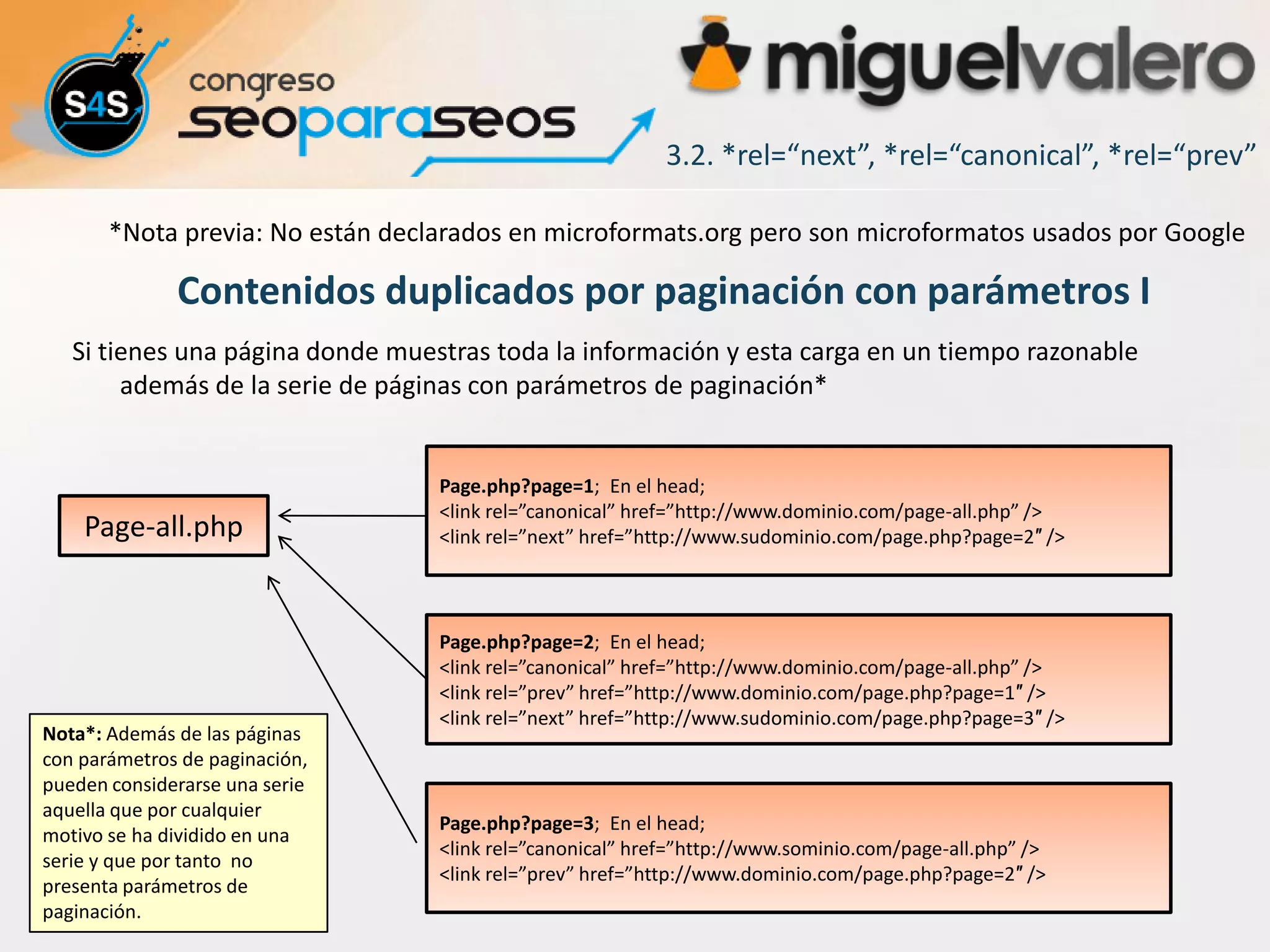 3.2. *rel=“next”, *rel=“canonical”, *rel=“prev”

       *Nota previa: No están declarados en microformats.org pero son microformatos usados por Google

              Contenidos duplicados por paginación con parámetros I
   Si tienes una página donde muestras toda la información y esta carga en un tiempo razonable
        además de la serie de páginas con parámetros de paginación*


                                  Page.php?page=1; En el head;
                                  <link rel=”canonical” href=”http://www.dominio.com/page-all.php” />
    Page-all.php                  <link rel=”next” href=”http://www.sudominio.com/page.php?page=2″ />



                                  Page.php?page=2; En el head;
                                  <link rel=”canonical” href=”http://www.dominio.com/page-all.php” />
                                  <link rel=”prev” href=”http://www.dominio.com/page.php?page=1″ />
                                  <link rel=”next” href=”http://www.sudominio.com/page.php?page=3″ />
Nota*: Además de las páginas
con parámetros de paginación,
pueden considerarse una serie
aquella que por cualquier
                                  Page.php?page=3; En el head;
motivo se ha dividido en una
                                  <link rel=”canonical” href=”http://www.sominio.com/page-all.php” />
serie y que por tanto no
                                  <link rel=”prev” href=”http://www.dominio.com/page.php?page=2″ />
presenta parámetros de
paginación.
 