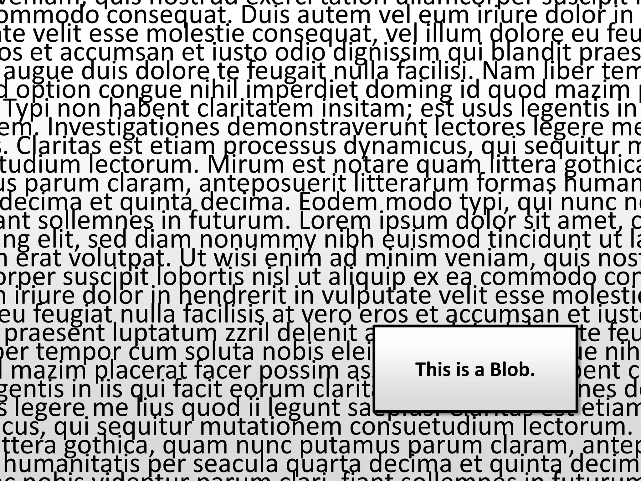 veniam, quis nostrud exerci tation ullamcorper suscipit l
ommodo consequat. Duis autem vel eum iriure dolor in h
ate velit esse molestie consequat, vel illum dolore eu feu
 os et accumsan et iusto odio dignissim qui blandit praes
  augue duis dolore te feugait nulla facilisi. Nam liber tem
d option congue nihil imperdiet doming id quod mazim p
  Typi non habent claritatem insitam; est usus legentis in
 em. Investigationes demonstraverunt lectores legere me
s. Claritas est etiam processus dynamicus, qui sequitur m
 tudium lectorum. Mirum est notare quam littera gothica
us parum claram, anteposuerit litterarum formas human
 decima et quinta decima. Eodem modo typi, qui nunc no
ant sollemnes in futurum. Lorem ipsum dolor sit amet, c
ing elit, sed diam nonummy nibh euismod tincidunt ut la
m erat volutpat. Ut wisi enim ad minim veniam, quis nost
orper suscipit lobortis nisl ut aliquip ex ea commodo con
m iriure dolor in hendrerit in vulputate velit esse molestie
 eu feugiat nulla facilisis at vero eros et accumsan et iusto
  praesent luptatum zzril delenit augue duis dolore te feu
ber tempor cum soluta nobis eleifend option congue nihi
d mazim placerat facer possim assum. Typi non habent cl
                                         This is a Blob.
gentis in iis qui facit eorum claritatem. Investigationes de
 s legere me lius quod ii legunt saepius. Claritas est etiam
icus, qui sequitur mutationem consuetudium lectorum. M
ittera gothica, quam nunc putamus parum claram, antep
  humanitatis per seacula quarta decima et quinta decima
 