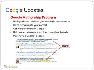 Google Updates
 Google Authorship Program
 •   Distinguish and validates your content in search results
 •   Gives authorship to your content
 •   Get more followers on Google+
 •   Help readers discover your other content on the web
 •   Must have a Google+ account
 