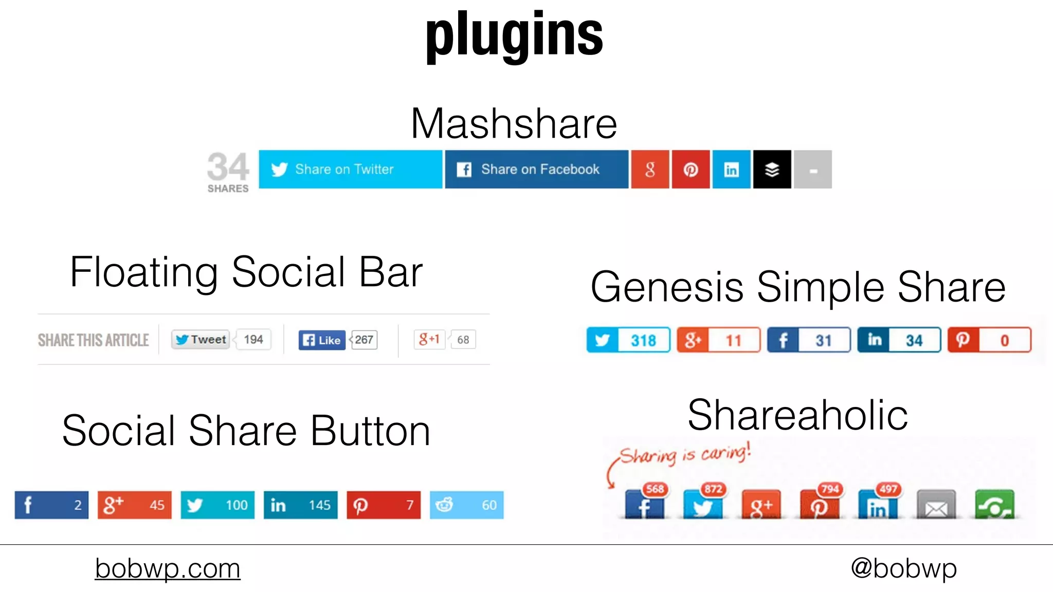 bobwp.com @bobwp
plugins
Social Share Button Shareaholic
Mashshare
Floating Social Bar Genesis Simple Share
 
