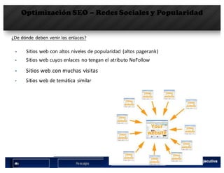 Optimización SEO – Redes Sociales y Popularidad
¿De	dónde	deben	venir	los	enlaces?
§ Sitios	web	con	altos	niveles	de	popularidad	(altos	pagerank)
§ Sitios	web	cuyos	enlaces	no	tengan	el	atributo	NoFollow
§ Sitios	web	con	muchas	visitas
§ Sitios web	de	temática similar
 