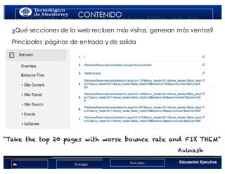 < Google Analyticswww.isdi.es
CONTENIDO
¿Qué secciones de la web reciben más visitas, generan más ventas?
Principales páginas de entrada y de salida
“Take the top 20 pages with worse bounce rate and FIX THEM”
Avinash
 