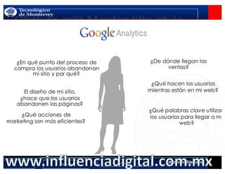 < Google Analyticswww.isdi.es
ENTREGA RESPUESTAS A PREGUNTAS IMPORTANTES
¿En qué punto del proceso de
compra los usuarios abandonan
mi sitio y por qué?
El diseño de mi sitio,
¿hace que los usuarios
abandonen las páginas?
¿Qué acciones de
marketing son más eficientes?
¿De dónde llegan las
ventas?
¿Qué hacen los usuarios
mientras están en mi web?
¿Qué palabras clave utilizan
los usuarios para llegar a mi
web?
6
 