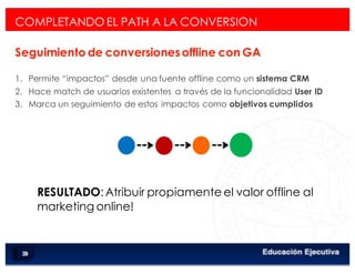 < Google Analyticswww.isdi.es
91
COMPLETANDO EL PATH A LA CONVERSION
Seguimiento de conversionesoffline con GA
1.  Permite “impactos” desde una fuente offline como un sistema CRM
2.  Hace match de usuarios existentes a través de la funcionalidad User ID
3.  Marca un seguimiento de estos impactos como objetivos cumplidos
RESULTADO:Atribuir propiamente el valor offline al
marketing online!
 