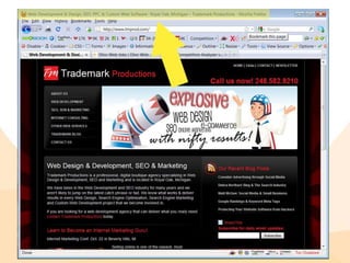 Online Business Development & Marketing316 1/2 South Main St. Suite 204 . Royal Oak, MI 48307PH 248.586.9210 | FX 248.582.9212 | www.tmprod.comSearch Engine Optimization - ConsSEO influences, but does not control, the search engine results - there are no guarantees.Delayed results - after the initial SEO effort, expect to wait at least 2-3 months for significant traffic.Risk of becoming overly dependent on “free” traffic, because results are variable over time.Some modifications to site are required; extent of changes dependent on many factors. A professional SEO consultant can help find the best path to results and ROI.Poorly executed SEO campaigns can lead to search engine penalties and long term harm to the organization’s online presence.