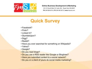 Online Business Development & Marketing316 1/2 South Main St. Suite 204 . Royal Oak, MI 48307PH 248.586.9210 | FX 248.582.9212 | www.tmprod.comStep 13: Load Time100% Valid code is great but most of the time search engine spiders can process invalid code as well.Using less <table> tags may result in faster page loadHaving smaller HTML will result in faster page loadAvoid broken images on your site as it slows down page load (click on the "Load time" link to get list of broken images on site)Put CSS in external files. If you can combine all CSS information into one file it will make your page load fasterPut JavaScript code in external files. If you can combine all JavaScript code information into one file it will make your page load fasterIf you are using common JS libraries (like jquery, prototype, moo tools and others) use Google Ajax Libraries API