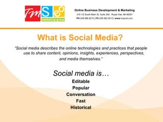 Online Business Development & Marketing316 1/2 South Main St. Suite 204 . Royal Oak, MI 48307PH 248.586.9210 | FX 248.582.9212 | www.tmprod.comStep 14: ImagesUse "alt" texts to describe the image - for accessibility and SEO reasonsDon't overuse "alt" texts, for example, don't add them to spacer images or layout of imagesPut keywords in "alt" texts if they make sense in the contextYou can also use keywords in filenames (write keywords together or seperate them with dashes)Avoid keyword stuffing in "alt" texts or filenames