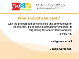 Online Business Development & Marketing316 1/2 South Main St. Suite 204 . Royal Oak, MI 48307PH 248.586.9210 | FX 248.582.9212 | www.tmprod.comWhy Hire A Professional?Thorough assessment of business needs and current state.SEO professionals can help determine the most cost-effective methods of making needed site modifications.Professional PPC campaign management can greatly increase ROI, and reduce startup costs.Focus: Is search engine marketing really your core business?