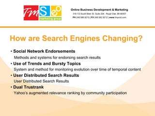 Online Business Development & Marketing316 1/2 South Main St. Suite 204 . Royal Oak, MI 48307PH 248.586.9210 | FX 248.582.9212 | www.tmprod.comSearch Engine Marketing ProcessStage 1: Business AssessmentStage 2: Keyword StrategyStage 3: Pay-Per-ClickStage 4: Website OptimizationStage 5: Link BuildingStage 6: Tracking and Refinement
