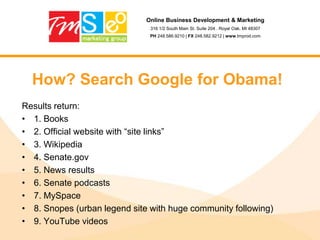 Online Business Development & Marketing316 1/2 South Main St. Suite 204 . Royal Oak, MI 48307PH 248.586.9210 | FX 248.582.9212 | www.tmprod.comBusiness AssessmentKey Business IssuesEstablish Business GoalsIdentify Key PlayersExamine Current MetricsConduct Site ReviewKeyword Brainstorming