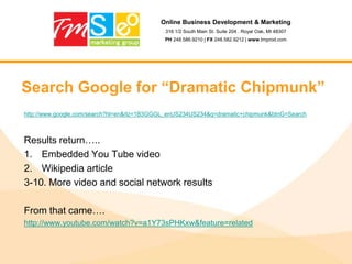 Online Business Development & Marketing316 1/2 South Main St. Suite 204 . Royal Oak, MI 48307PH 248.586.9210 | FX 248.582.9212 | www.tmprod.comKeyword Strategy    Search Term DiscoveryKeyword MetricsAssess RelevanceSearch Term SelectionEstablish PrioritiesDetermine Methods