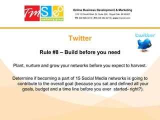 Online Business Development & Marketing316 1/2 South Main St. Suite 204 . Royal Oak, MI 48307PH 248.586.9210 | FX 248.582.9212 | www.tmprod.comHow you can use WikipediaCreate unbiased articles about your company, executives and important news stories       > Web site traffic increase• Cross-reference your articles with related articles       > New user discovery• Reputation management       > Subscribe to updates to monitor changes       > Manage photos, links, content, etc.