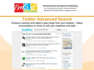 Online Business Development & Marketing316 1/2 South Main St. Suite 204 . Royal Oak, MI 48307PH 248.586.9210 | FX 248.582.9212 | www.tmprod.comHow you can use StumbleUponSubmit articles, photos and videosGet the Firefox Plug-inForce friends to stumble your articlesJoin groupsAdd friendsReview friendsGrab successful stories and add to digg, reddit and other social networks