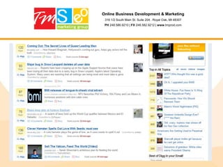 Online Business Development & Marketing316 1/2 South Main St. Suite 204 . Royal Oak, MI 48307PH 248.586.9210 | FX 248.582.9212 | www.tmprod.comTwitterRule #4 – Don’t pitch! Have a conversationI once heard that for every 10 tweets only 1-2 should be about you, your company or sales. I believe that this is a good rule to follow.Have a conversation. Have a goal going in. Modify and sway your conversation to be helpful and rewarding to the reader / friend.