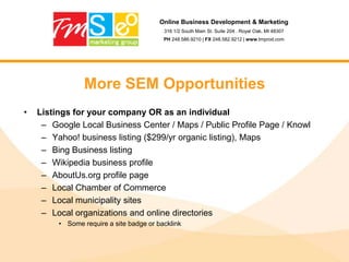 Online Business Development & Marketing316 1/2 South Main St. Suite 204 . Royal Oak, MI 48307PH 248.586.9210 | FX 248.582.9212 | www.tmprod.comTwitterRule #8 – Build before you needPlant, nurture and grow your networks before you expect to harvest.Determine if becoming a part of 15 Social Media networks is going to contribute to the overall goal (because you sat and defined all your goals, budget and a time line before you ever  started- right?).