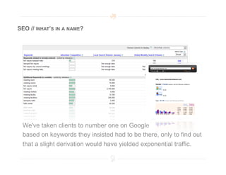 SEO // WHAT’S IN A NAME?




 We've taken clients to number one on Google
 based on keywords they insisted had to be there, only to find out
 that a slight derivation would have yielded exponential traffic.
 