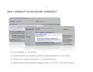 SEO // VISIBILITY IS AN ONLINE CURRENCY




      no visibility = no clicks
      unattractive or spammy titles & descriptions = no clicks
      clicks for incorrect terms = no conversion
      poorly planned landing pages with no CTA = no conversion
 