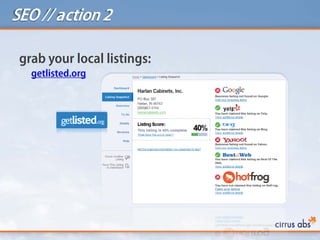 SEO // action 2
grab your local listings:
getlisted.org
 