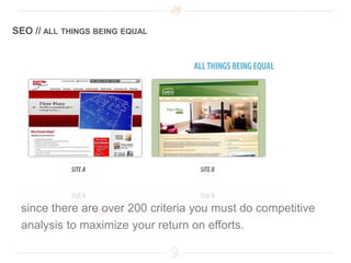 SEO // ALL THINGS BEING EQUAL




 since there are over 200 criteria you must do competitive
 analysis to maximize your return on efforts.
 