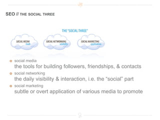 SEO // THE SOCIAL THREE




    social media
     the tools for building followers, friendships, & contacts
    social networking
     the daily visibility & interaction, i.e. the “social” part
    social marketing
     subtle or overt application of various media to promote
 