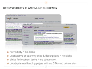 SEO // VISIBILITY IS AN ONLINE CURRENCY




     no visibility = no clicks
     unattractive or spammy titles & descriptions = no clicks
     clicks for incorrect terms = no conversion
     poorly planned landing pages with no CTA = no conversion
 