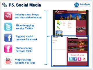 P5. Social Media

   Industry sites, blogs
   and discussion boards


   Micro-blogging
   service Twitter


   Biggest social
   network Facebook


   Photo sharing
   network Flickr


   Video sharing
   website YouTube
 