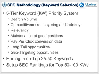 SEO Methodology (Keyword Selection)

• 5-Tier Keyword (KW) Priority System
  •   Search Volume
  •   Competitiveness – Layering and Latency
  •   Relevancy
  •   Maintenance of good positions
  •   Pay Per Click conversion data
  •   Long-Tail opportunities
  •   Geo-Targeting opportunities
• Honing in on Top 25-50 Keywords
• Setup SEO Rankings for Top 50-100 KWs
 