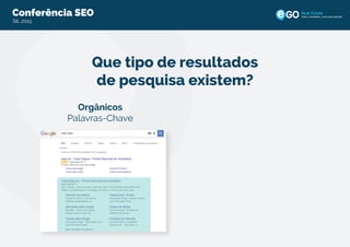 Conferência eGO Real EstateConferência SEO
SIL 2015
Todo o imobiliário, uma única solução
Que tipo de resultados
de pesquisa existem?
Orgânicos
Palavras-Chave
 