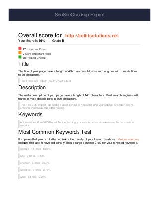 SeoSiteCheckup Report
Overall score for http://boltitsolutions.net
Your Score is 66% | Grade B
17 Important Fixes
0 Semi-Important Fixes
38 Passed Checks
Title
The title of your page have a length of 43 characters. Most search engines will truncate titles
to 70 characters.
Top 1 Free Seo Report Tool In United States
Description
The meta description of your page have a length of 141 characters. Most search engines will
truncate meta descriptions to 160 characters.
This Free SEO Report Tool will be a good starting point to optimizing your website for search engine
crawling, indexation and better ranking.
Keywords
boltitsolutions, Free SEO Report Tool, optimizing your website, whois domain name, find information
website
Most Common Keywords Test
It appears that you can further optimize the density of your keywords above. Various sources
indicate that a safe keyword density should range between 2-4% for your targeted keywords.
website - 11 times - 5.05%
ago - 9 times - 4.13%
checker - 8 times - 3.67%
websites - 6 times - 2.75%
write - 5 times - 2.29%
 