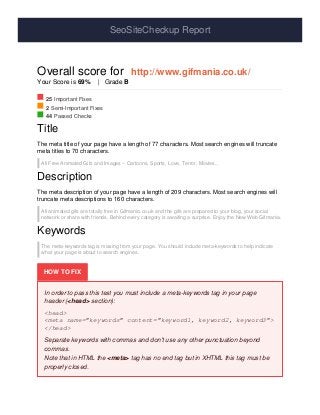 SeoSiteCheckup Report
Overall score for http://www.gifmania.co.uk/
Your Score is 69% | Grade B
25 Important Fixes
2 Semi-Important Fixes
44 Passed Checks
Title
The meta title of your page have a length of 77 characters. Most search engines will truncate
meta titles to 70 characters.
All Free Animated Gifs and Images ~ Cartoons, Sports, Love, Terror, Movies...
Description
The meta description of your page have a length of 209 characters. Most search engines will
truncate meta descriptions to 160 characters.
All animated gifs are totally free in Gifmania.co.uk and the gifs are prepared to your blog, your social
network or share with friends. Behind every category is awaiting a surprise. Enjoy the New Web Gifmania.
Keywords
The meta-keywords tag is missing from your page. You should include meta-keywords to help indicate
what your page is about to search engines.
HOW TO FIX
In order to pass this test you must include a meta-keywords tag in your page
header (<head> section):
<head>
<meta name="keywords" content="keyword1, keyword2, keyword3">
</head>
Separate keywords with commas and don't use any other punctuation beyond
commas.
Note that in HTML the <meta> tag has no end tag but in XHTML this tag must be
properly closed.
 