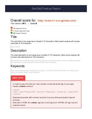 SeoSiteCheckup Report
Overall score for http://www.f-r-e-e-games.com/
Your Score is 66% | Grade B
18 Important Fixes
1 Semi-Important Fixes
42 Passed Checks
Title
The meta title of your page have a length of 10 characters. Most search engines will truncate
meta titles to 70 characters.
Free Games
Description
The meta description of your page have a length of 170 characters. Most search engines will
truncate meta descriptions to 160 characters.
Free Games is the website to play online free games on the Internet with more than a hundred categories
as skill games or classic games and thousands of online free games
Keywords
The meta-keywords tag is missing from your page. You should include meta-keywords to help indicate
what your page is about to search engines.
HOW TO FIX
In order to pass this test you must include a meta-keywords tag in your page
header (<head> section):
<head>
<meta name="keywords" content="keyword1, keyword2, keyword3">
</head>
Separate keywords with commas and don't use any other punctuation beyond
commas.
Note that in HTML the <meta> tag has no end tag but in XHTML this tag must be
properly closed.
 