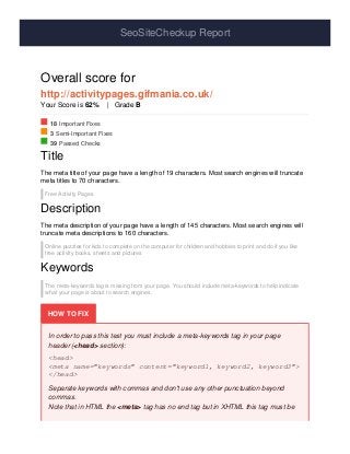 SeoSiteCheckup Report
Overall score for
http://activitypages.gifmania.co.uk/
Your Score is 62% | Grade B
18 Important Fixes
3 Semi-Important Fixes
39 Passed Checks
Title
The meta title of your page have a length of 19 characters. Most search engines will truncate
meta titles to 70 characters.
Free Activity Pages
Description
The meta description of your page have a length of 145 characters. Most search engines will
truncate meta descriptions to 160 characters.
Online puzzles for kids to complete on the computer for children and hobbies to print and do if you like
free activity books, sheets and pictures
Keywords
The meta-keywords tag is missing from your page. You should include meta-keywords to help indicate
what your page is about to search engines.
HOW TO FIX
In order to pass this test you must include a meta-keywords tag in your page
header (<head> section):
<head>
<meta name="keywords" content="keyword1, keyword2, keyword3">
</head>
Separate keywords with commas and don't use any other punctuation beyond
commas.
Note that in HTML the <meta> tag has no end tag but in XHTML this tag must be
 