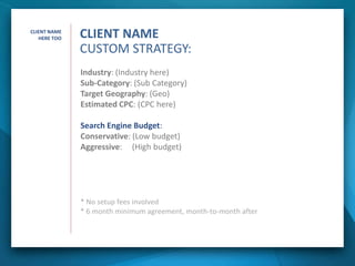 Industry: (Industry here)
Sub-Category: (Sub Category)
Target Geography: (Geo)
Estimated CPC: (CPC here)
Search Engine Budget:
Conservative: (Low budget)
Aggressive: (High budget)
* No setup fees involved
* 6 month minimum agreement, month-to-month after
CLIENT NAME
CUSTOM STRATEGY:
CLIENT NAME
HERE TOO
 