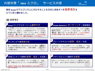 内部対策「 SEO ミクロ」　サービス内容
         最新 Google のアルゴリズムに対応することを目的に実施すべき施策項目を
         以下に取り纏めました。


                   施策項目
       １                                         ２
             Google ウェブマスターツール運用サポ
               Google ウェブマスターツール運用サポ                 Google Analyticsレポーティング （数値報告）
             ートート
            Google ウェブマスターツールのアカウントを共有頂き         Google Ana                     主要な
                                                           lyticsのアカウントを共有頂き、月次で主要な
            、アラート（警告文）の受信有無やアラートへの対応             数値を取得し、レポーティング致します。（未導入の         の
            方法などのレクチャ、サポートいたします。（未導入
            方法などのレクチ                             場合は、導入サポートから承ります。）※タグの埋め込
                                                 場合は、導
            の場合は、導入サポートから
                     導入サポートから承ります。）※タグの埋め        み作業につきましては、
                                                    につきましては、弊社ではお受けしておりません。
            込み作業につきましては、弊社ではお受けし
                        弊社ではお受けしておりません。


       ３                                         ４
             ランキング下降原因分析                             プレーンテキストの変更・追加 （共起
                                                     語）
            著しい検索順位の下降が見受けられた場合、対象サイ
                                対象サイ             施策対象ページ内に対策キーワードに関連した「共起
            トの順位下降原因を分析し、要因を纏め、レポーティ
            トの                    ティ             語」の
                                                  」のプレーンテキストでの記述を追加提案致します。
            ング致します。
            ング致しま                                ※対象ページ数 ： ① 1 0 ページ　② 20 ページ
                                                    ページ



       ５                                         ６
             新規コンテンツ提案の変更・追加 （共起語）                   ナチュラルリンク獲得手法指南

            対象ドメイン内に対策キーワードに関連した「共起              有料リンクではないナチュラルリンク獲得方法につい   い
            語」で構成されたコンテンツを追加提案致します。
            語」で                                  て、広告・ SN S も含めた包括的なご提案を致します。
                                                 て、広
            　　　　　　　　　　　　　　　　　　　　※ペー
            ジ制作につきましては、弊社ではお受けしておりません。ご
                                    ん。ご
            了承下さいませ。
CONFI D ENT I AL                            14                    © 201 2 AUN CON SULT I NG, I nc. All Rights Reserved.
 