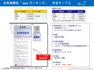 成果報酬型「 SEO ランキング」 　料金テーブル




                                           ※Google 日本、 Yahoo! J n を対象としたテーブルとなります。
                                                               apa



                                           ■ 施策対象エンジン、計測対象エンジン
               広告枠                         ・各国検索エンジン
                                           　※ 1 キーワードからの契約となります。
             地図検索結果
                                           ■ 言語
                                           ・各国対応言語

                                           ■ 計測対象範囲
                                           ・ ウェブ自然検索結果
                                           （リスティング広告枠及びその他検索結果を除く）

                                           ■ 契約開始日
                                           ・毎月 1 日、 1 1 日、 21 日

                               ウェブ自然       ■ 計測日
                                検索結果       ・毎月第 3 火曜日

                                           ■ 計測回数
                                           ・ 1 回 / 月　目視にて確認

CONFI※ENT I AL
     D 表示される検索結果画面は検索キーワードによって異なります。   8                     © 201 2 AUN CON SULT I NG, I nc. All Rights Reserved.
 