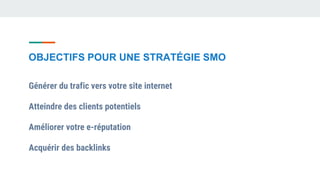 OBJECTIFS POUR UNE STRATÉGIE SMO
Générer du trafic vers votre site internet
Atteindre des clients potentiels
Améliorer votre e-réputation
Acquérir des backlinks
 