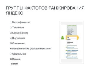 1.Географические
2.Текстовые
3.Коммерческие
4.Внутренние
5.Ссылочные
6.Поведенческие (пользовательские)
7.Социальные
8.Прочие
ГРУППЫ ФАКТОРОВ РАНЖИРОВАНИЯ
ЯНДЕКС
 