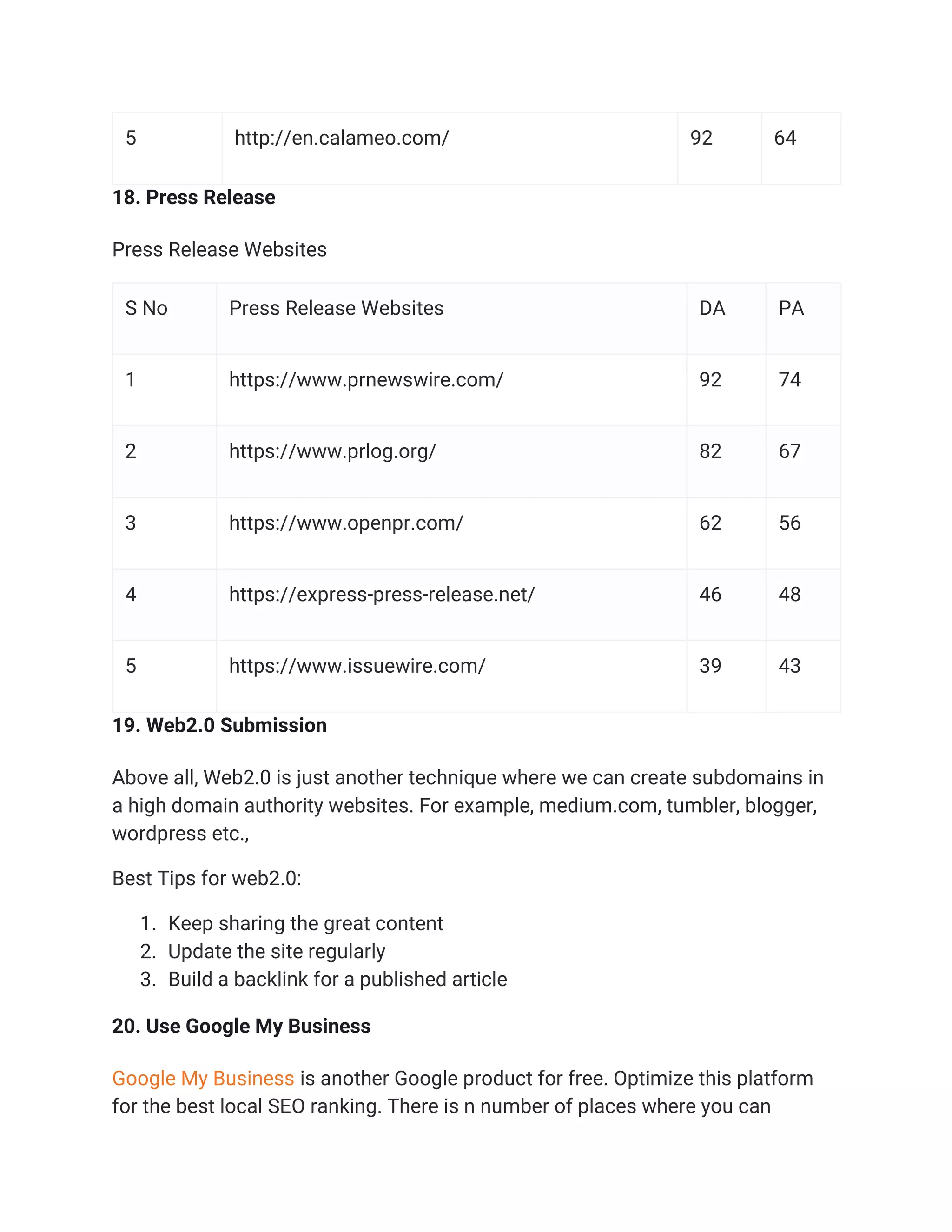5 http://en.calameo.com/ 92 64
18. Press Release
Press Release Websites
S No Press Release Websites DA PA
1 https://www.prnewswire.com/ 92 74
2 https://www.prlog.org/ 82 67
3 https://www.openpr.com/ 62 56
4 https://express-press-release.net/ 46 48
5 https://www.issuewire.com/ 39 43
19. Web2.0 Submission
Above all, Web2.0 is just another technique where we can create subdomains in
a high domain authority websites. For example, medium.com, tumbler, blogger,
wordpress etc.,
Best Tips for web2.0:
1. Keep sharing the great content
2. Update the site regularly
3. Build a backlink for a published article
20. Use Google My Business
Google My Business is another Google product for free. Optimize this platform
for the best local SEO ranking. There is n number of places where you can
 