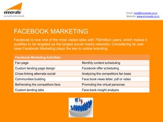 Email: mail@ennovate.co.in
we build online brands                                                               Website: www.ennovate.co.in




          FACEBOOK MARKETING
          Facebook is now one of the most visited sites with 750million users, which makes it
          qualifies to be targeted as the largest social media networks. Considering its user
          base Facebook Marketing plays the key to online branding.

            Facebook Marketing Activities
            Fan page                                Monthly content scheduling
            Custom landing page design              Facebook offer scheduling
            Cross linking alternate social          Analyzing the competitors fan base
            Communities building                    Face book news letter, pdf or video
            Befriending the competitors fans        Promoting the virtual personas
            Custom landing tabs                     Face book insight analysis
 
