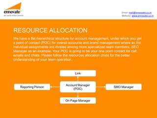 Email: mail@ennovate.co.in
we build online brands                                                        Website: www.ennovate.co.in




          RESOURCE ALLOCATION
          We have a flat hierarchical structure for account management, under which you get
          a point of contact (POC) for overall accounts and brand management where as the
          individual assignments are divided among more specialized team members, SEO
          Manager as an example. Your POC is going to be your one point contact for call,
          emails and chats. Please follow the resources allocation chats for the better
          understanding of your team operation.


                                                Link


                                           Account Manager
                  Reporting Person                                       SMO Manager
                                               (POC)


                                          On Page Manager
 