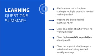 LEARNING
QUESTIONS
SUMMARY
Platform was not suitable for
scaling to multiple products, needed
to change ASAP
Client only cares about revenue, no
“vanity metrics”
Client had unrealistic expectations
about growth
Client not sophisticated in regards
to tech and marketing, wanted
weekly meetings
Website and brand needed
overhaul, ASAP
 