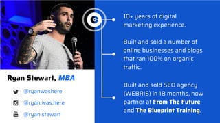 10+ years of digital
marketing experience.
Ryan Stewart, MBA
@ryanwashere
@ryan.was.here
@ryan stewart
Built and sold SEO agency
(WEBRIS) in 18 months, now
partner at From The Future
and The Blueprint Training.
Built and sold a number of
online businesses and blogs
that ran 100% on organic
traffic.
 